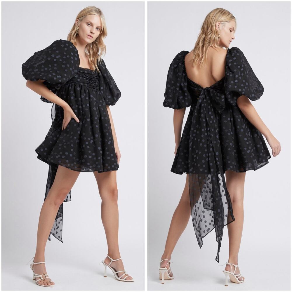 Aje Black La Piscine Puff Sleeve Bow Back Mini Dress 2 US